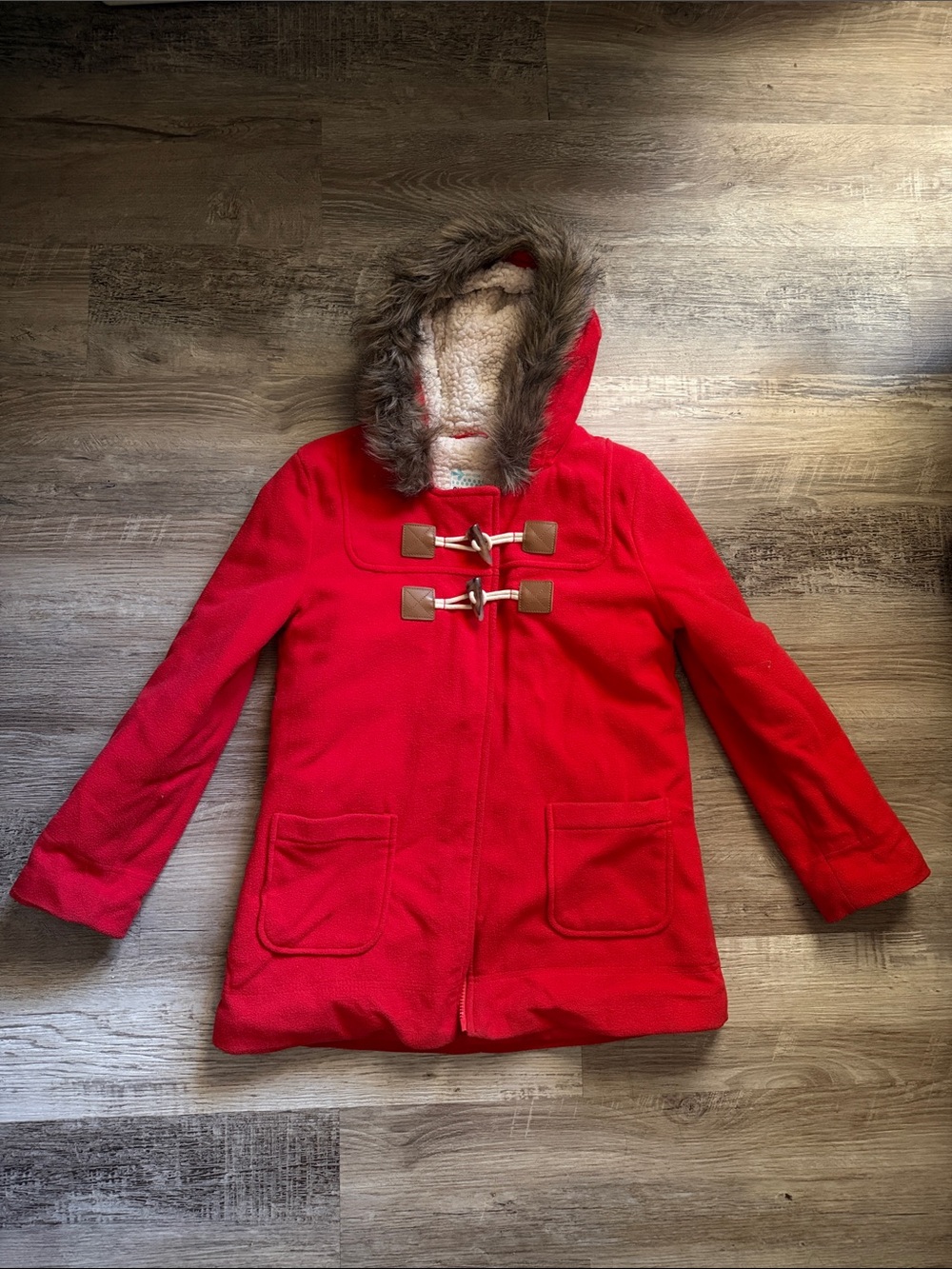 Old Navy Red Hooded Toggle Duffle Coat with Faux Fur Trim